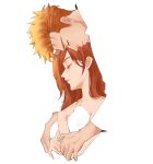  1boy 1girl absurdres bare_shoulders bleach bleach:_epilogue breasts brown_eyes closed_eyes from_side hetero highres husband_and_wife inoue_orihime kurosaki_ichigo large_breasts negative_space orange_hair sela_(chanppu) 