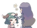  2girls animal_ears brown_shirt cross-laced_clothes cross-laced_dress cross-laced_sleeves dog_ears dress flower gradient_hair green_hair hand_on_another's_head hands_on_own_chest headpat heart highres hijiri_byakuren kasodani_kyouko long_hair long_sleeves multicolored_hair multiple_girls ninjinshinshi open_mouth shirt short_hair touhou white_background 