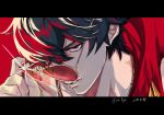  03_kyv 1boy adjusting_eyewear commentary green_eyes green_hair hair_over_one_eye highres letterboxed lighter_(zenless_zone_zero) looking_at_viewer male_focus parted_lips portrait red_scarf scarf short_hair solo sunglasses untranslatable_commentary zenless_zone_zero 