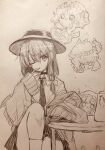  2girls asymmetrical_sidelocks choker collared_shirt commentary_request efukei falling greyscale hat highres jacket kettle kneehighs maribel_hearn medium_hair mob_cap monochrome multiple_girls necktie one_eye_closed shirt sidelocks sitting skirt socks sweat table thighs touhou traditional_media usami_renko 