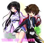  1girl black_hair blue_eyes brown_eyes brown_hair copyright_name gloves kohak_hearts long_hair shield shing_meteoryte short_hair smile tales_of_(series) tales_of_hearts yukito_mayumi 