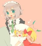  2girls ^_^ amesawa_mokke bad_id bad_pixiv_id blonde_hair blue_eyes closed_eyes flandre_scarlet hairband hat heart izayoi_sakuya maid multiple_girls ribbon short_hair silver_hair touhou wings 