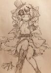  1girl absurdres boots bow broken_eyewear closed_mouth commentary_request defeat dress drill_hair efukei eyewear_on_head folding_fan hair_bow hand_fan hat hat_bow highres knee_boots lace-up_boots long_hair looking_at_viewer round_eyewear sitting sketch sleeveless sleeveless_dress solo sunglasses tearing_up top_hat torn_clothes torn_dress touhou traditional_media twin_drills yorigami_jo'on 