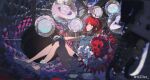  1girl absurdres ahoge anklet barefoot belt blue_eyes blurry blurry_foreground bouquet breasts chest_harness fishbowl_helmet flower from_side full_body gloves hand_on_own_knee harness highres holding holding_bouquet jewelry jumpsuit knees_up medium_breasts mouse_(animal) multicolored_gloves no_eyewear original p.h_(z3zz4) planet red_flower red_hair red_rose rose short_hair short_jumpsuit sidelocks sitting solo thigh_belt thigh_strap two-sided_gloves two-tone_gloves walkie-talkie watermark weibo_username weibo_watermark white_belt white_gloves white_jumpsuit z3zz4 