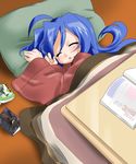  ahoge blue_hair book closed_eyes izumi_konata kotatsu lucky_star lying mole mole_under_eye pillow sleeping solo table takeya_yuuki under_kotatsu under_table wide_sleeves 