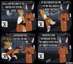  4_panel anthro balthy_(suitedwolfie) bat betrayal black_body cain_(suitedwolfie) canid canine clothing color_coded_text comic dialogue directional_arrow duo english_text eyewear feigning_ignorance fox fur glasses greeting hi_res hole_(pit) jumpsuit long_fall_boots looking_away looking_down male mammal motion_blur orange_body orange_clothing orange_fur orange_jumpsuit portal_(series) pushed red_fox shaking_arms shirt shove standing suitedwolfie tank_top text topwear true_fox valve warning_sign whistling white_clothing white_shirt white_topwear wingless_bat 