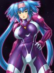  :d arm_behind_back bangs blue_hair blush bodysuit bracer breasts breasts_apart covered_nipples eyebrows gloves green_eyes hair_ribbon hand_on_hip headband highres hips kagehara_hanzou klan_klein large_breasts legs_apart logo long_hair looking_at_viewer macross macross_frontier meltrandi older open_mouth outline pointy_ears puffy_sleeves purple_bodysuit quad_tails ribbon see-through sidelocks signature sky smile solo space star_(sky) starry_sky thick_eyebrows thighs turtleneck very_long_hair 
