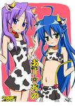  2girls :3 ahoge animal_ears animal_print bad_id bad_pixiv_id bandeau bell blue_eyes blue_hair cow_bell cow_ears cow_print dress flat_chest green_eyes hiiragi_kagami horns izumi_konata long_hair lucky_star midriff mole mole_under_eye multiple_girls n._kiichi new_year purple_hair skirt strapless suspenders tubetop twintails 