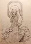  1girl absurdres closed_mouth commentary_request dress efukei flower from_side highres holding holding_flower holding_knife ib_(kouri) juliet_sleeves knife long_hair long_sleeves mary_(ib) plant puffy_sleeves solo traditional_media vines 