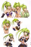  1girl absurdres artbook beatmania_iidx beatmania_iidx_10th_style bemani bikini blue_leg_warmers blue_shirt blue_tube_top blush bra breasts brown_skirt cyber_fashion detached_sleeves goli_matsumoto green_bikini green_eyes green_hair green_kimono green_nails hair_ornament hairclip hand_on_headphones headphones highres japanese_clothes kimono kitami_erika leaning_forward leg_warmers long_hair looking_at_viewer medium_breasts midriff multiple_views navel official_alternate_costume official_alternate_hairstyle official_art panties peace_symbol purple_bra purple_panties raver scan shirt side_ponytail simple_background skirt strapless swimsuit third-party_source tube_top twintails underwear white_background 