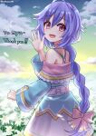  1girl back belt braid braided_ponytail choker cloud commentary_request dress english_text field flower flower_field frilled_dress frills from_behind gradient_sky hair_between_eyes hair_ribbon highres kami_jigen_game_neptune_v light_blush long_hair looking_at_viewer looking_back messy_hair neptune_(series) o-ring_dress off-shoulder_dress off_shoulder open_mouth pink_eyes pink_ribbon purple_hair pururut ribbon riro_(breakthrough_rr) sky smile solo thank_you very_long_hair waving white_belt white_choker white_flower 