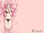  bikini blush glasses lucky_star lying non-web_source pink_hair purple_eyes solo string_bikini swimsuit takara_miyuki wallpaper 