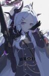  1girl ahoge biting biting_glove black_gloves black_halo black_horns blue_archive chinese_commentary coat coat_on_shoulders commentary_request cxiiii demon_girl demon_horns gloves gun hair_ornament hairclip halo hand_up highres hina_(blue_archive) horns long_hair looking_at_viewer machine_gun mg42 multiple_horns parallel_hairclips parted_bangs purple_eyes purple_halo simple_background solo weapon white_background white_hair 