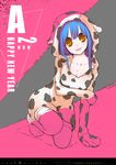  2009 animal_ears animal_print aoki_shin bad_id bad_pixiv_id blue_hair breasts brown_eyes cleavage cow_ears cow_print hood horns large_breasts long_hair new_year original pajamas solo squatting thighhighs white_legwear 