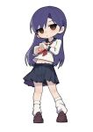  1girl absurdres black_sailor_collar black_skirt blue_hair brown_eyes brown_shoes closed_mouth commentary_request deformed empty_eyes full_body heart heart_hands highres idolmaster idolmaster_(classic) jitome kisaragi_chihaya korean_commentary light_blush long_hair long_sleeves neckerchief pleated_skirt red_neckerchief sailor_collar sailor_shirt school_uniform serafuku shirt shoes skirt soayo socks solo standing white_shirt white_socks 