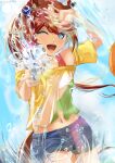  1girl absurdres animal_ears bare_shoulders blue_eyes blue_shorts blue_sky blush breasts brown_hair casual commentary_request denim denim_shorts highres holding holding_water_gun horse_ears horse_girl horse_tail long_hair midriff multicolored_hair navel off-shoulder_shirt off_shoulder one_eye_closed open_mouth otokuro01096mi outdoors pink_tank_top ponytail shirt shorts single_hair_streak sky small_breasts smile solo streaked_hair striped_clothes striped_shirt tail tank_top teeth tokai_teio_(casual)_(umamusume) tokai_teio_(umamusume) umamusume water water_gun white_streaks yellow_shirt 