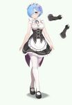  1girl absurdres apron black_corset black_ribbon black_shoes black_skirt black_sleeves blue_eyes breasts cleavage commentary_request corset detached_collar detached_sleeves frilled_skirt frills full_body gibun_(sozoshu) hair_over_one_eye highres large_variant_set maid maid_apron mary_janes medium_breasts neck_ribbon re:zero_kara_hajimeru_isekai_seikatsu rem_(re:zero) ribbon roswaal_mansion_maid_uniform shadow shoes skirt solo standing thighhighs unworn_sleeves variant_set waist_apron white_thighhighs 