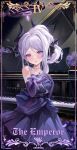  1girl absurdres bare_shoulders black_halo black_horns blue_archive blush chinese_commentary collarbone commentary_request crescent_print demon_girl demon_horns dress earrings elbow_gloves evening_gown gehenna_academy_logo gloves grand_piano hair_between_eyes halo hand_on_own_chest highres hina_(blue_archive) hina_(dress)_(blue_archive) horns instrument jewelry long_hair looking_at_viewer multiple_horns necklace official_alternate_costume official_alternate_hairstyle parted_bangs parted_lips pearl_necklace pendant piano piano_keys print_dress purple_dress purple_eyes purple_gloves reaching reaching_towards_viewer roman_numeral sidelocks smile solo spotlight starry_sky_print steinway_&amp;_sons strapless strapless_dress tarot the_emperor_(tarot) wavy_hair white_hair yangyu_tudou_vv 
