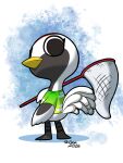 2026 3:4 abstract_background animal_crossing anthro avian barefoot beak beak_closed big_head bird black_body black_eyes black_feathers black_scutes bottomless bottomless_anthro bottomless_female bug_net clothed clothed_anthro clothed_female clothing crane_(bird) dated eyelashes feathered_wings feathers feet female female_anthro flat_chested gladys_(animal_crossing) grey_body grey_feathers gruiform grus_(genus) head_turned hi_res holding_bug_net looking_at_viewer mouth_closed multicolored_body multicolored_feathers nintendo red-crowned_crane red_body red_feathers rongs1234 scuted_legs scutes shirt shirt_only signature solo tail tail_feathers topwear topwear_only white_body white_feathers wings yellow_beak