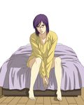  barefoot bed bed_sheet glasses gundam gundam_00 male_focus purple_hair red_eyes sakatsuki shirt solo tieria_erde 