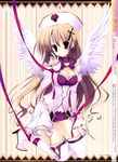  absurdres angel_wings blonde_hair breasts cleavage copyright_request highres long_hair medium_breasts mitha pink_eyes solo thighhighs wings 
