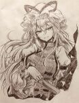  1girl absurdres blush breasts commentary_request efukei gap_(touhou) hair_between_eyes hat hat_ribbon highres holding juliet_sleeves large_breasts long_hair long_sleeves looking_at_viewer mob_cap monochrome one-hour_drawing_challenge puffy_sleeves ribbon seductive_smile sidelocks smile solo tabard touhou traditional_media upper_body wide_sleeves yakumo_yukari 