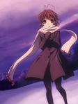  absurdres antenna_hair brown_eyes brown_hair clannad coat furukawa_nagisa highres mittens non-web_source official_art pantyhose scarf snow solo winter winter_clothes winter_coat 