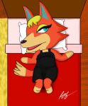 animal_crossing audie_(animal_crossing) bed bedroom_eyes black_clothing black_dress canid canine canis clothing dress female fur furniture hi_res lying lying_on_bed mammal narrowed_eyes nintendo on_bed orange_body orange_fur pillow rob-posa seductive solo wolf