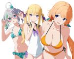  .live 3girls adjusting_eyewear ahoge aqua_bikini aqua_eyes arms_behind_back bikini blonde_hair blue_eyes blue_sailor_collar bow breasts cleavage closed_mouth collarbone commentary_request covered_navel cowboy_shot floral_print floral_print_bikini frilled_bikini frills green_streaks grey_hair hair_ornament hair_ribbon hairclip hanayuri_chumi hand_on_own_chest hand_to_own_mouth hands_up heart heart-shaped_eyewear highres large_breasts long_hair looking_at_another looking_at_viewer low_twintails multicolored_hair multiple_girls nanahoshi_milily navel o-ring o-ring_top one-piece_swimsuit open_mouth orange_bikini orange_hair pink-tinted_eyewear pink_streaks print_bikini purple_bow purple_eyes purple_ribbon re:act ribbon sailor_collar short_hair short_twintails side-tie_bikini_bottom sideways_glance simple_background small_breasts smile stomach streaked_hair swimsuit tinted_eyewear tsukushi_aria twintails v v_over_mouth very_long_hair virtual_youtuber white_background white_one-piece_swimsuit yagurenraku yellow-framed_eyewear 