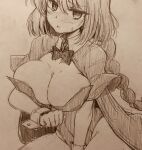  1girl alternate_costume blush breasts cape capelet cleavage closed_mouth commentary_request efukei embarrassed highres large_breasts leotard long_braid long_hair looking_at_viewer okazaki_yumemi playboy_bunny solo strapless strapless_leotard sweatdrop touhou touhou_(pc-98) traditional_media very_long_hair wrist_cuffs 