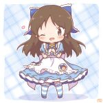  1girl :d ;d alice's_adventures_in_wonderland apron blue_bow blue_dress blue_shoes blush bow brown_eyes brown_hair commentary_request dress frilled_apron frills hair_bow heart holding holding_microphone idolmaster idolmaster_cinderella_girls idolmaster_cinderella_girls_starlight_stage kneehighs long_hair looking_at_viewer microphone mitarashi_neko one_eye_closed parted_bangs plaid_background puffy_short_sleeves puffy_sleeves ribbon-trimmed_socks ribbon_trim shadow shoes short_sleeves smile socks solo standing striped_clothes striped_socks tachibana_arisu very_long_hair white_apron 