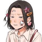  1boy adam's_apple bag black_eyes black_hair bob_cut bright_pupils character_sticker coincoinco collared_shirt commentary_request curtained_hair furrowed_brow hair_ornament hairclip heart heart_hair_ornament hello_kitty hello_kitty_(character) ibu_shinji looking_ahead male_focus narrowed_eyes one_side_up parted_bangs parted_hair parted_lips portrait rainbow rainbow_sticker sanrio shirt short_hair shoulder_bag simple_background smiley_face solo star_(symbol) star_hair_ornament sticker sticker_on_face tennis_no_ouji-sama white_background white_pupils white_shirt 