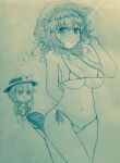  ! 2girls arm_behind_back bikini blush bow breasts cellphone cleavage commentary_request efukei greyscale hand_in_own_hair hat hat_bow highres holding holding_phone jacket large_breasts leg_up long_hair looking_at_viewer maribel_hearn micro_bikini mob_cap monochrome multiple_girls navel open_mouth phone sandals sketch smartphone speech_bubble standing standing_on_one_leg sweatdrop swimsuit thumbs_up touhou traditional_media underboob usami_renko 