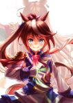  2girls absurdres animal_ears ascot blue_eyes blush brown_hair buttons cape clenched_hand closed_mouth commentary_request double-breasted epaulettes gloves green_jacket hair_between_eyes highres horse_ears horse_girl horse_tail jacket jewelry long_hair long_sleeves looking_at_viewer multicolored_hair multicolored_jacket multiple_girls otokuro01096mi pink_ascot ponytail red_cape side_cape single_epaulette single_hair_streak skirt smile streaked_hair symboli_rudolf_(emperor's_path)_(umamusume) symboli_rudolf_(umamusume) tail tokai_teio_(peak_joy)_(umamusume) tokai_teio_(umamusume) two-tone_hair two-tone_jacket two-tone_skirt umamusume white_gloves white_hair white_jacket white_skirt white_streaks 