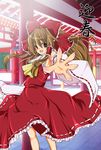  ascot bow brown_eyes brown_hair detached_sleeves dress fingernails frilled_bow frilled_dress frilled_hair_tubes frilled_shirt_collar frills hair_bow hair_tubes hakurei_reimu long_hair looking_at_viewer new_year red_bow red_dress red_ribbon ribbon ribbon-trimmed_dress ribbon-trimmed_sleeves ribbon_trim sara_(uunyan) sarashi shrine smile solo temple touhou white_collar white_ribbon white_sleeves yellow_neckwear 