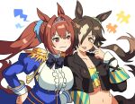  2girls :p akanbe bandeau black_bow black_bowtie black_jacket blue_dress bow bowtie breasts brown_eyes brown_hair buttons com_draw_ouo commentary_request daiwa_scarlet_(peak_blue)_(umamusume) daiwa_scarlet_(umamusume) dress ear_ornament eyelid_pull fang horse_girl jacket korean_commentary large_breasts long_hair looking_at_another multiple_girls navel red_eyes skin_fang small_breasts tiara tongue tongue_out twintails umamusume upper_body v-shaped_eyebrows vodka_(umamusume) vodka_(wild_top_gear)_(umamusume) white_background yellow_bandeau 