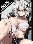  1girl absurdres animal_ears ankodaihuku arknights bandeau black_jacket black_shorts breasts commentary_request covered_nipples english_commentary fingerless_gloves gloves grin hair_ornament highres jacket knee_up lapels lappland_(arknights) large_breasts long_hair looking_at_viewer micro_shorts one_eye_closed open_clothes open_jacket sharp_teeth shorts sitting smile solo teeth white_bandeau white_gloves white_hair wolf_ears wolf_girl 
