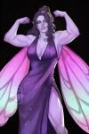  1girl artist_logo bare_arms bare_legs bare_shoulders black_background black_sclera breasts colored_sclera colored_skin commentary cowboy_shot dress english_commentary fairy_wings flexing flotttemotte green_eyes halterneck high_ponytail highres large_breasts logo long_dress long_hair looking_at_viewer muscular muscular_female original parted_lips pointy_ears ponytail purple_dress purple_hair purple_skin side_slit simple_background smile thick_arms thick_thighs thighs wavy_hair wide_hips wings 