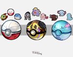  6+others artist_name chibi dated electrode_(pokemon) highres loudred multiple_others natu obstagoon paldean_wooper poke_ball poke_ball_(basic) pokemon pokemon_(creature) quagsire scream_tail seal_(animal) signature simple_background spheal sukepmonster tagme white_background wooper 