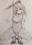  2girls arm_cuffs asymmetrical_sidelocks blush bow bowtie breasts cleavage commentary_request covered_navel detached_collar efukei greyscale high_heels highres leotard looking_at_viewer maribel_hearn medium_breasts monochrome multiple_girls pantyhose playboy_bunny pole sidelocks sketch solo_focus squatting strapless strapless_leotard stripper_pole sweatdrop touhou traditional_media usami_renko wrist_cuffs 