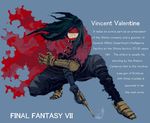  black_hair boots cape character_name clawed_gauntlets copyright_name engrish final_fantasy final_fantasy_vii final_fantasy_vii_advent_children gauntlets gun handgun headband long_hair male_focus mamiya_kuroko pistol ranguage red_eyes solo torn_clothes vincent_valentine weapon 