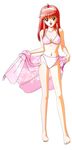  90s bikini fujisaki_shiori hairband highres kokura_masashi long_hair official_art open_mouth pink_bikini pink_sarong print_sarong red_eyes red_hair sarong sarong_removed scan smile string_bikini swimsuit tokimeki_memorial tokimeki_memorial_1 towel 