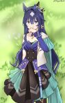  1girl animal_ears asymmetrical_jacket aysellost blue_eyes blue_hair character_name closed_mouth collarbone commentary double-parted_bangs ear_covers ear_ornament english_commentary hair_between_eyes highres horse_ears horse_girl long_hair looking_at_viewer mole mole_under_eye single_ear_cover smile solo standing twitter_username umamusume upper_body v-shaped_eyebrows verxina_(le_beau_sommet)_(umamusume) verxina_(umamusume) 