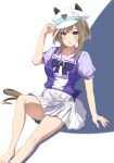  1girl animal_ears blue_eyes blush bow bowtie breasts brown_hair cheval_grand_(umamusume) commentary_request ear_covers ears_through_headwear hair_between_eyes hat hat_belt highres horse_ears horse_girl horse_tail looking_at_viewer medium_breasts molmol000000 multicolored_hair parted_lips peaked_cap pleated_skirt puffy_short_sleeves puffy_sleeves purple_bow purple_bowtie purple_shirt sailor_collar sailor_shirt school_uniform shirt short_sleeves sitting skirt solo streaked_hair tail tracen_school_uniform umamusume white_hair white_hat white_sailor_collar white_skirt white_streaks 