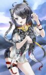  1girl 892392 :d absurdres arknights arknights:_endfield arm_up black_hair black_shorts bright_pupils chinese_commentary clothing_cutout commentary_request cowboy_shot day eyepatch fang fingernails grey_tail hair_ornament highres jewelry long_hair looking_at_viewer multiple_thigh_straps necklace one_eye_covered open_mouth outdoors painttool_sai_(medium) partial_commentary puffy_short_sleeves puffy_sleeves purple_eyes short_shorts short_sleeves shorts shoulder_cutout skin_fang smile solo standing tail tail_raised tangtang_(arknights) tassel thigh_strap white_pupils 