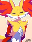  2026 3:4 anthro breasts buizel canid canine delphox eyelashes eyes_closed fangs female fulgito_ast fur generation_4_pokemon generation_6_pokemon hands_behind_back hi_res inner_ear_fluff mammal multicolored_body navel nintendo orange_body orange_fur pokemon pokemon_(species) signature simple_background small_breasts solo tail teeth tongue tongue_out tuft white_body white_fur yellow_body yellow_fur 