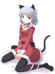  animal_ears bell bell_collar black_legwear cat_ears christmas collar dress green_eyes image_sample md5_mismatch mouth_hold nishikawa_ari pantyhose pixiv_sample ribbon santa_costume sanya_v_litvyak short_hair silver_hair solo strike_witches tail world_witches_series 