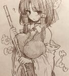  1girl ? absurdres alternate_breast_size_(larger) ascot bamboo_broom blush bow breasts broom choker commentary_request detached_sleeves efukei frilled_bow frilled_hair_tubes frills hair_bow hair_tubes hakurei_reimu heart heart_choker highres holding holding_broom huge_breasts long_hair looking_at_viewer open_mouth ribbon-trimmed_sleeves ribbon_trim skirt solo sweatdrop touhou traditional_media translation_request 