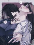 2girls bang_dream! bang_dream!_it's_mygo!!!!! biting biting_neck black_hair black_jacket blackfangs blood blood_on_clothes blue_eyes breasts chinese_commentary commentary_request grey_shirt jacket large_breasts multiple_girls open_mouth outside_border purple_eyes shiina_taki shirt white_jacket yahata_umiri yuri 