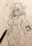  !? 1girl absurdres art_tools_in_frame bandaged_arm bandages blush breasts bun_cover closed_mouth commentary_request cuffs double_bun efukei embarrassed hair_bun highres ibaraki_kasen large_breasts medium_hair neck_flower open_mouth panties shackles sideboob solo spoken_interrobang sweatdrop thighhighs touhou traditional_media underwear 